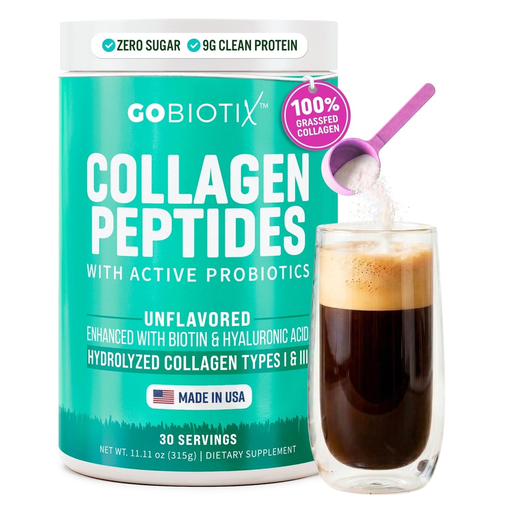 GOBIOTIX Collagen Peptides Powder with Probiotics, Biotin & Hyaluronic Acid - Hydrolyzed Collagen Supplement for Women - Hair Skin Nails, Joint & Digestive Health - Type I & III - 30 Servings