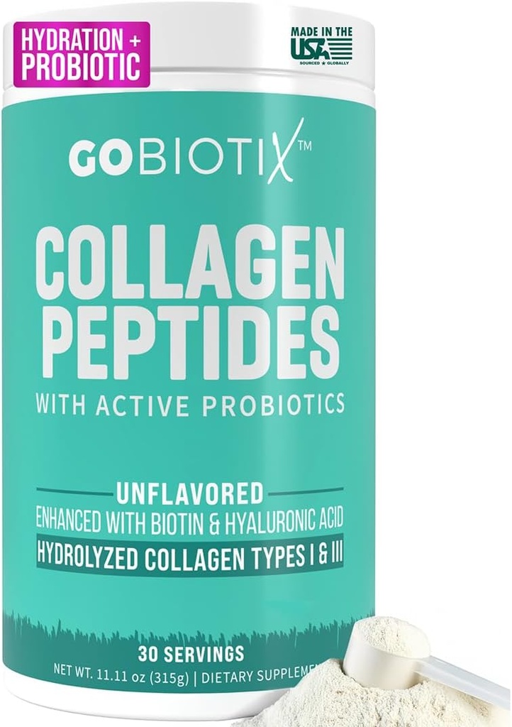 GOBIOTIX Supplément de poudre de collagène avec probiotiques - Poudre de collagène hydrolysée pour femmes - Peau et ongles capillaires, santé articulaire et digestive - Peptides de collagène de type I et III - 30 portions