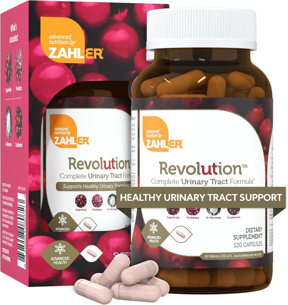 Revolution de Zahler - Formule complète pour la santé urinaire des femmes avec probiotiques - Pilules UTI - Supplément D-mannose et canneberge de 1200mg - Soutien aux infections urinaires des femmes (120 capsules)