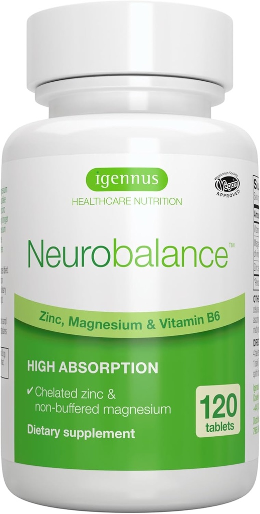 Igennus Neurobalance Haute Absorption Magnésium et Complexe B6, Soutien cognitif, Focus & Récupération musculaire, 24mg Picolinate de zinc chélaté, Livraison d'éléments nutritifs toute la journée, Vegan, Non-OGM, 120 comprimés