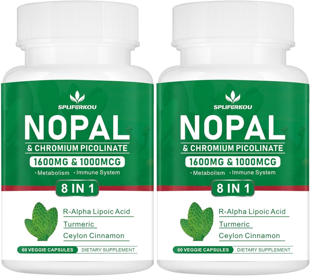Super Nopal 1600mg, Prickly Pear Supplement with R-Alpha Lipoic Acid, Turmeric,120 Capsules (60 Servings)