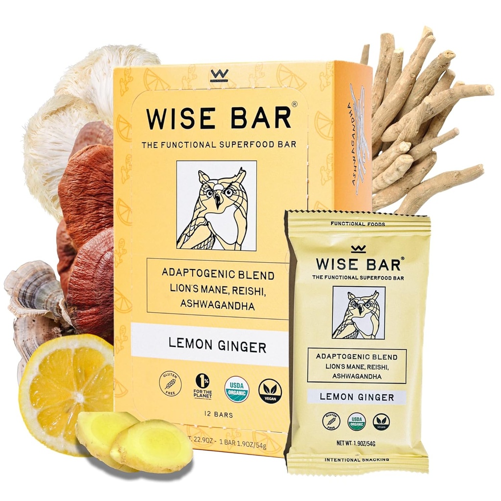 Barre Adaptogène Sage Bars de nutrition des champignons avec Reishi, Lions Mane & Ashwagandha, Snacks sans végétalien et sans gluten biologique pour le focus naturel, l'énergie et le soutien immunitaire, Lemon Ginger Flavor, 12 comtes