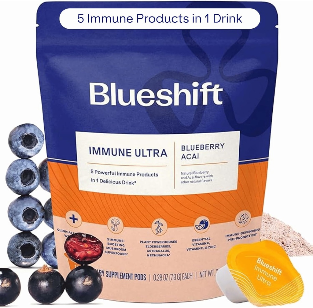 Blueshift Immune Ultra - 5-in-1 Immune Support Powder Drink Mix, Immune Defense Vitamin Supplement with Vitamin C, Zinc, Superfoods, Antioxidants, Pre and Probiotics - Blueberry Acai Pods (14 Pack)