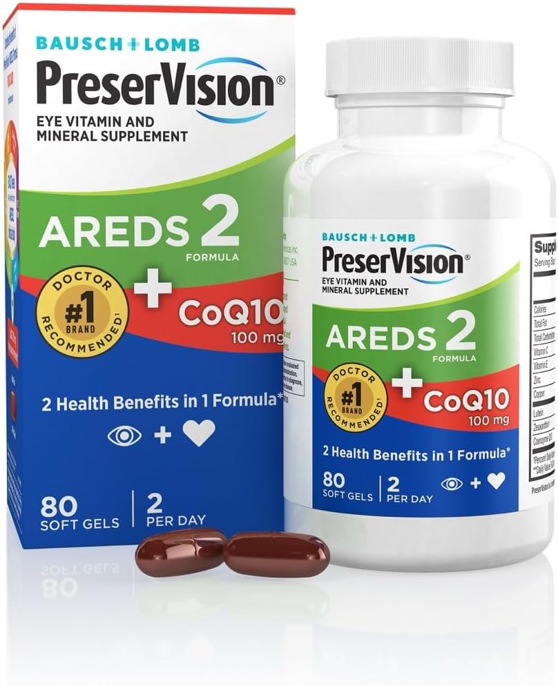 PreserVision AREDS 2 Vitamines oculaires avec CoQ10 pour la santé cardiaque, #1 Eye Doctor Marque recommandée, supplément de lutéine et de zéaxanthine avec vitamine C & E, zinc et cuivre, 80 Softgels