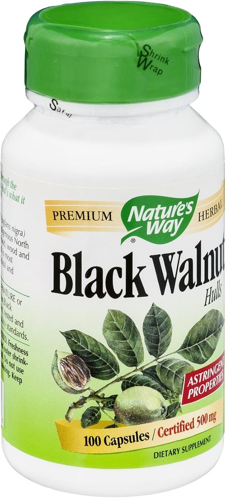 Nature's Way Black Walnut Hulls 500 mg par capsule, 100 capsules végétariennes, boîte de 2