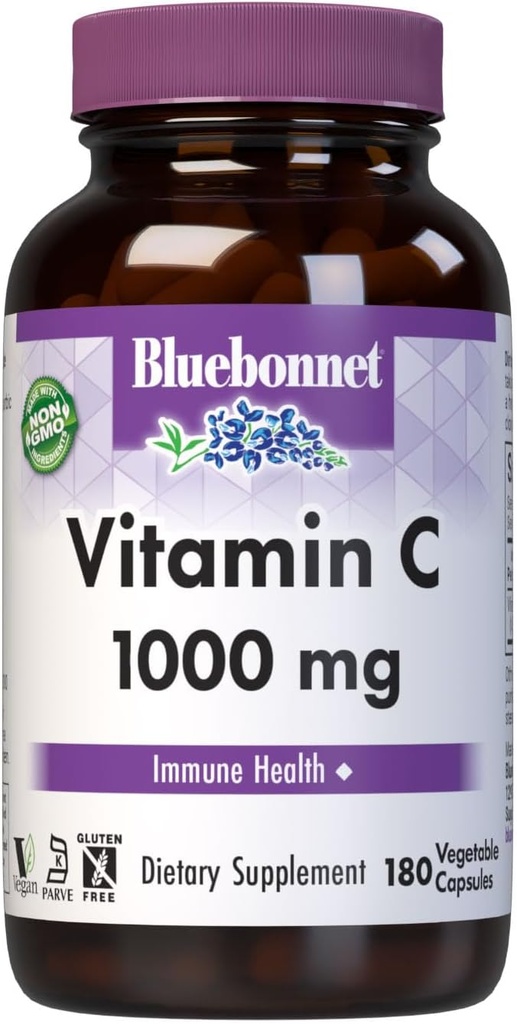 Bluebonnet Nutrition Vitamine C 1000 Mg Capsules végétales, acide ascorbique, pour la santé de la peau immunitaire, végétalien, végétarien, non OGM, sans gluten, sans soja et sans lait, casher, 180 Compte