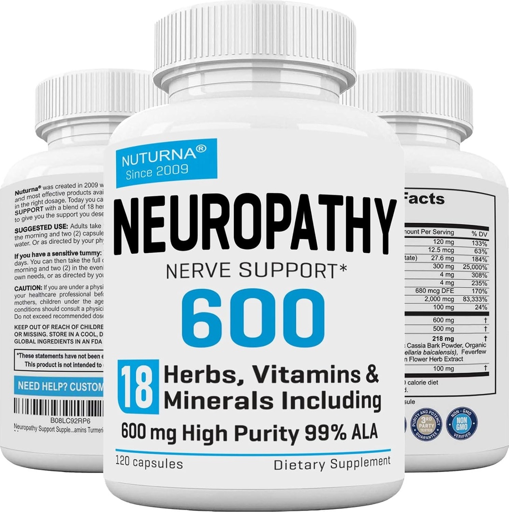 Neuropathy Support Supplement with 600 mg HP-99 Alpha Lipoic Acid - ALA Nerve Formula for Feet Hands Fingers Legs - 18 in 1 Natural Peripheral Nerve Vitamins - 120 Capsules