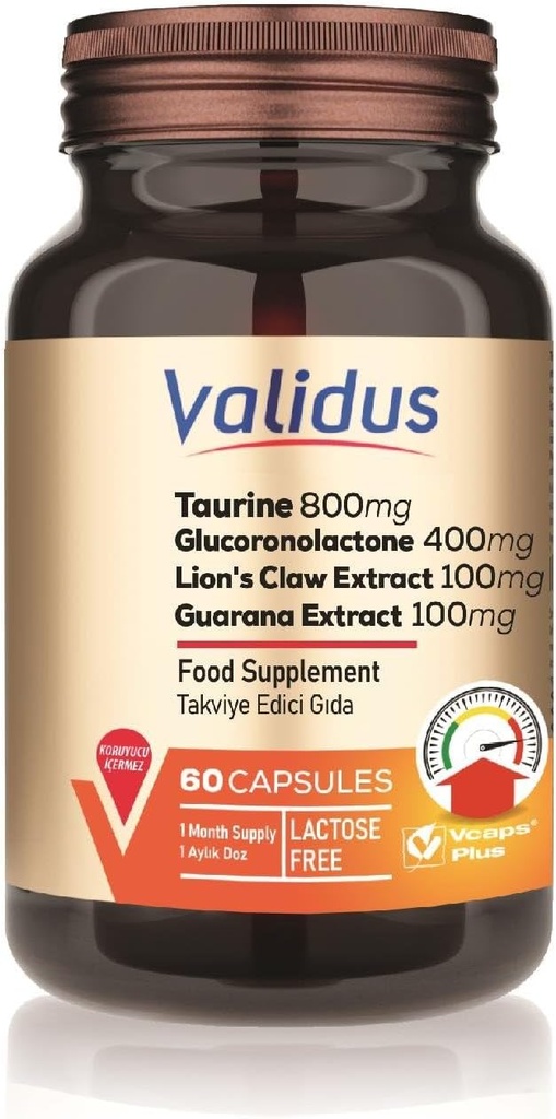 VALIDUS Taurine 800 mg + Glucoronolactone 400 mg + Extrait de griffe de Lion 100 mg + Extrait de Guarana 100 mg 60 Capsules