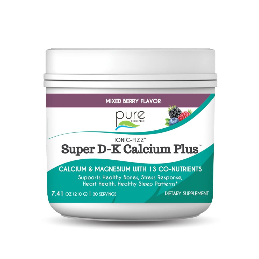 Ionic Fizz Super D-K Calcium Plus par Essence Pur - avec Extra Magnésium, Vitamine D3, Vitamine K2 pour les os forts et support de stress - Berry mixte - 7,41oz