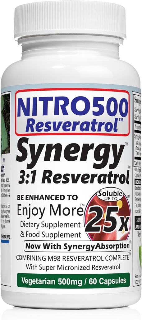 Résvératrol de synthèse de Nitro (Nitro500) avec jusqu'à 25x Solubilité - 60 capsules végétariennes - 30 portions - 500 mg par portion