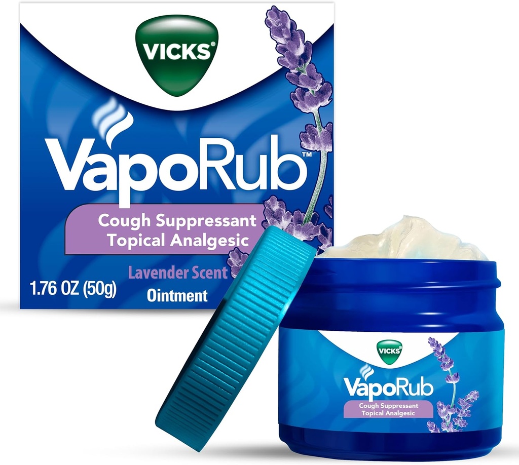 Vicks VapoRub, Lavande Scent, Toux Suppressante, Poitrine topique et Onguent analgésique, Vapors Vicks médicamentés, Soulagement de la toux en raison du froid, des douleurs et des douleurs, 1,76oz