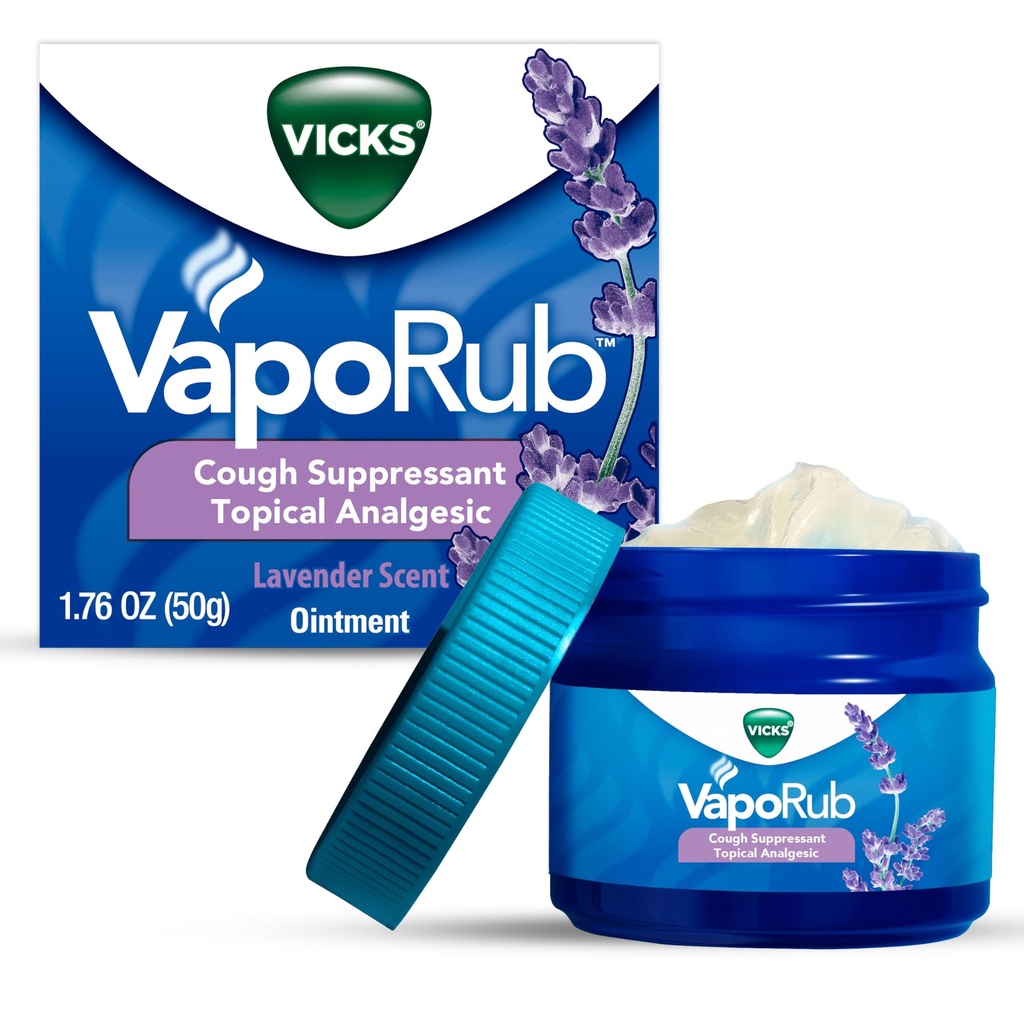 Vicks VapoRub, Lavande Scent, Toux Suppressante, Poitrine topique et Onguent analgésique, Vapors Vicks médicamentés, Soulagement de la toux en raison du froid, des douleurs et des douleurs, 1,76oz