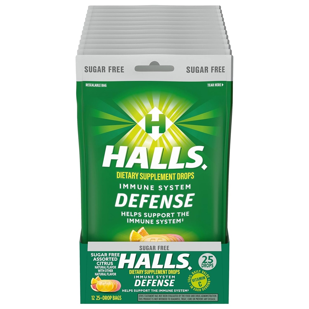 HALLS Defense Assortiment agrumes sans sucre gouttes de vitamine C, suppléments alimentaires gouttes, 12 sacs de 25 gouttes (300 gouttes totales)