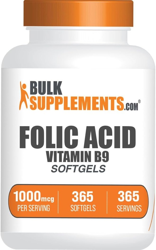 BulkSupplements.com Softgels d'acide folique - vitamine B9, acide folique 1000 mcg, supplément de folate - sans gluten, 1 Softgel par portion, 365 Compte (paquet de 1)
