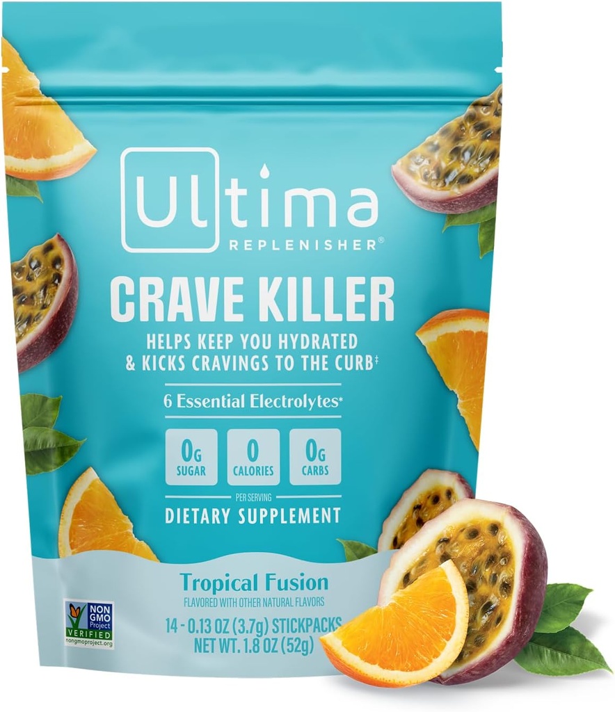 Ultima Repleniser Crave Killer Supplément et poudre d'électrolytes – Fusion tropicale, 14 Stickpacks – Packs d'hydratation Ce coup de pied frémit au Courbe
