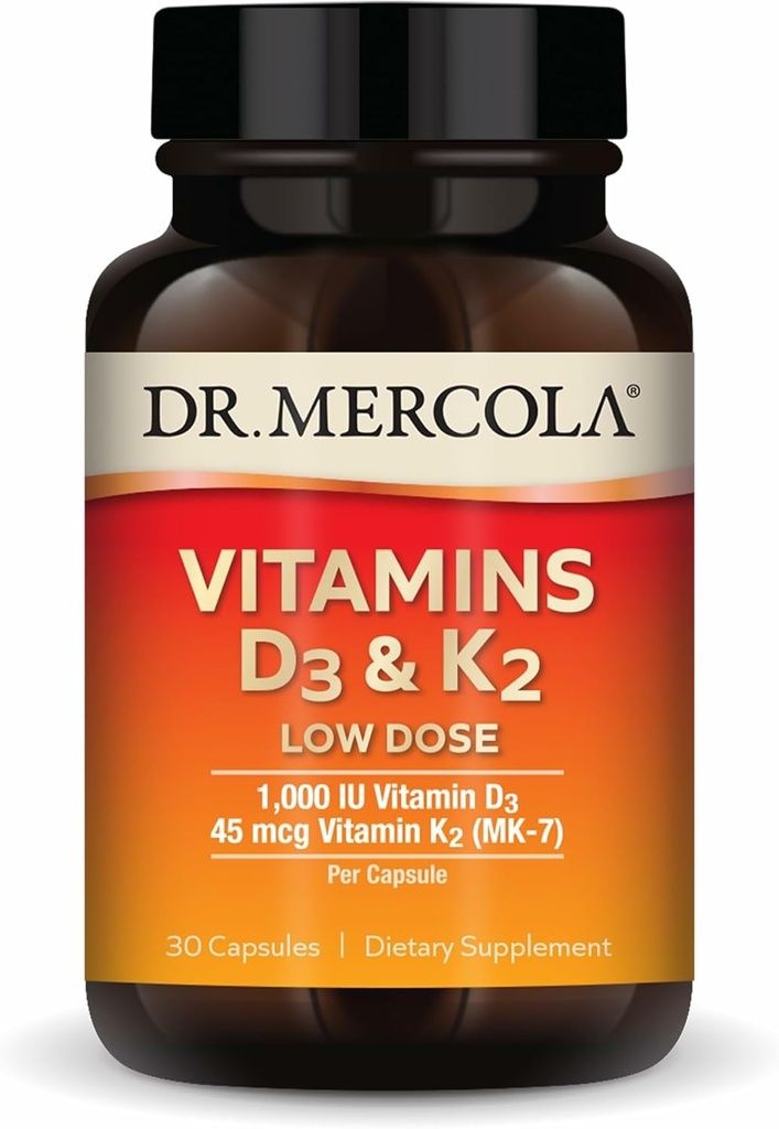 Dr Mercola Vitamines D3 et K2 Faible dose - Maintenir les niveaux de vitamine D - Soutient la santé immunitaire et osseuse - MenaQ7 Pois chiches K2 - Non-OGM, sans gluten et sans soja - 30 capsules (30 portions)