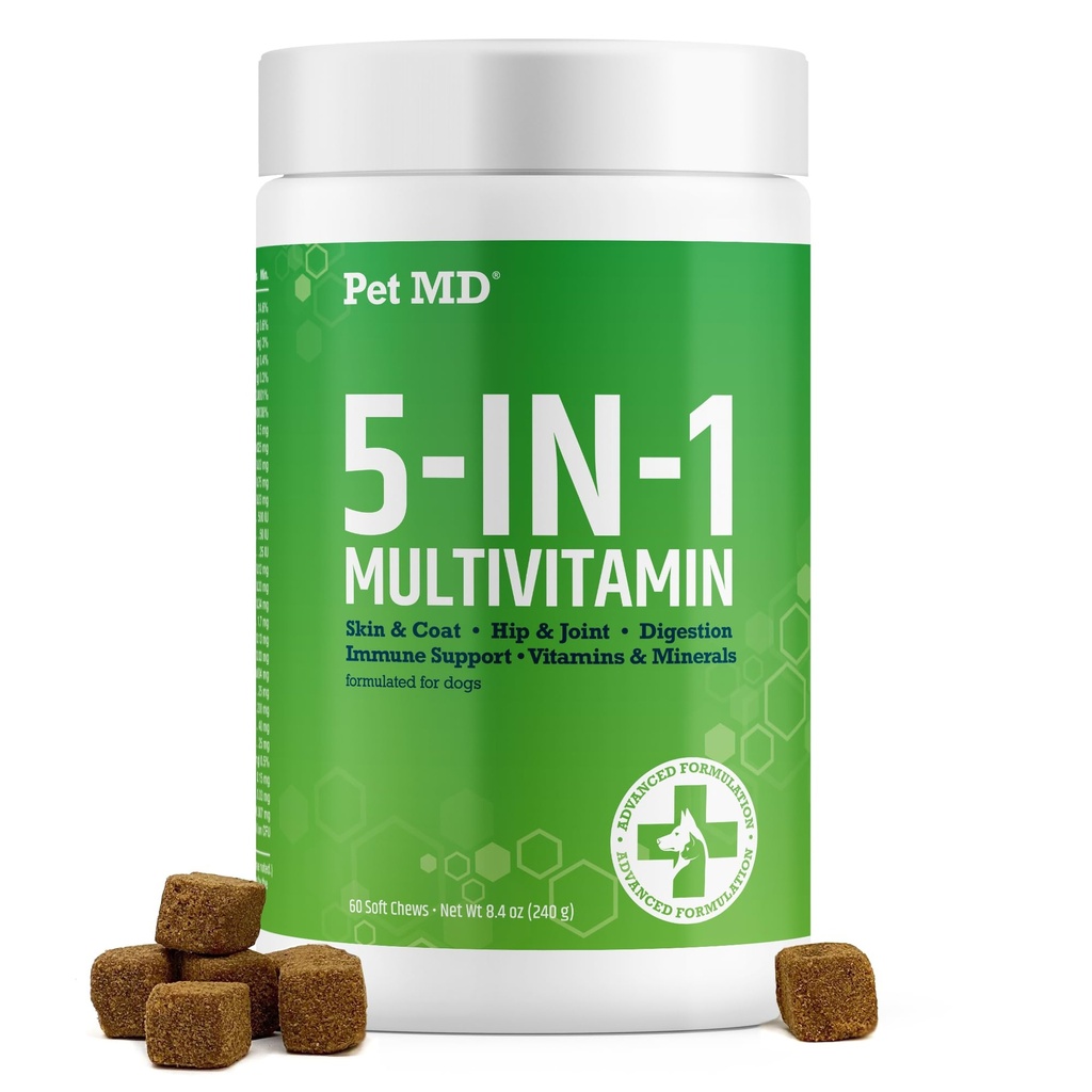 Animal MD 5in1 Multivitamines pour chiens - 30 vitamines essentielles, minéraux et nutriments pour la peau et le manteau, la hanche et les articulations, la digestion, les vitamines pour chiens et chiots seniors - Glucosamine, Omega 3 6 9, et probiotiques - 60ct