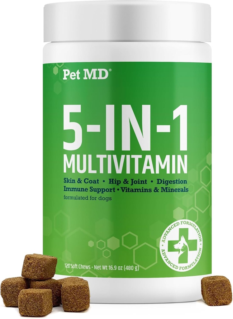 Animal MD 5in1 Multivitamines pour chiens - 30 vitamines essentielles, minéraux et nutriments pour la peau et le manteau, la hanche et les articulations, la digestion, les vitamines pour chiens et chiots seniors - Glucosamine, Omega 3 6 9, et probiotiques - 60ct
