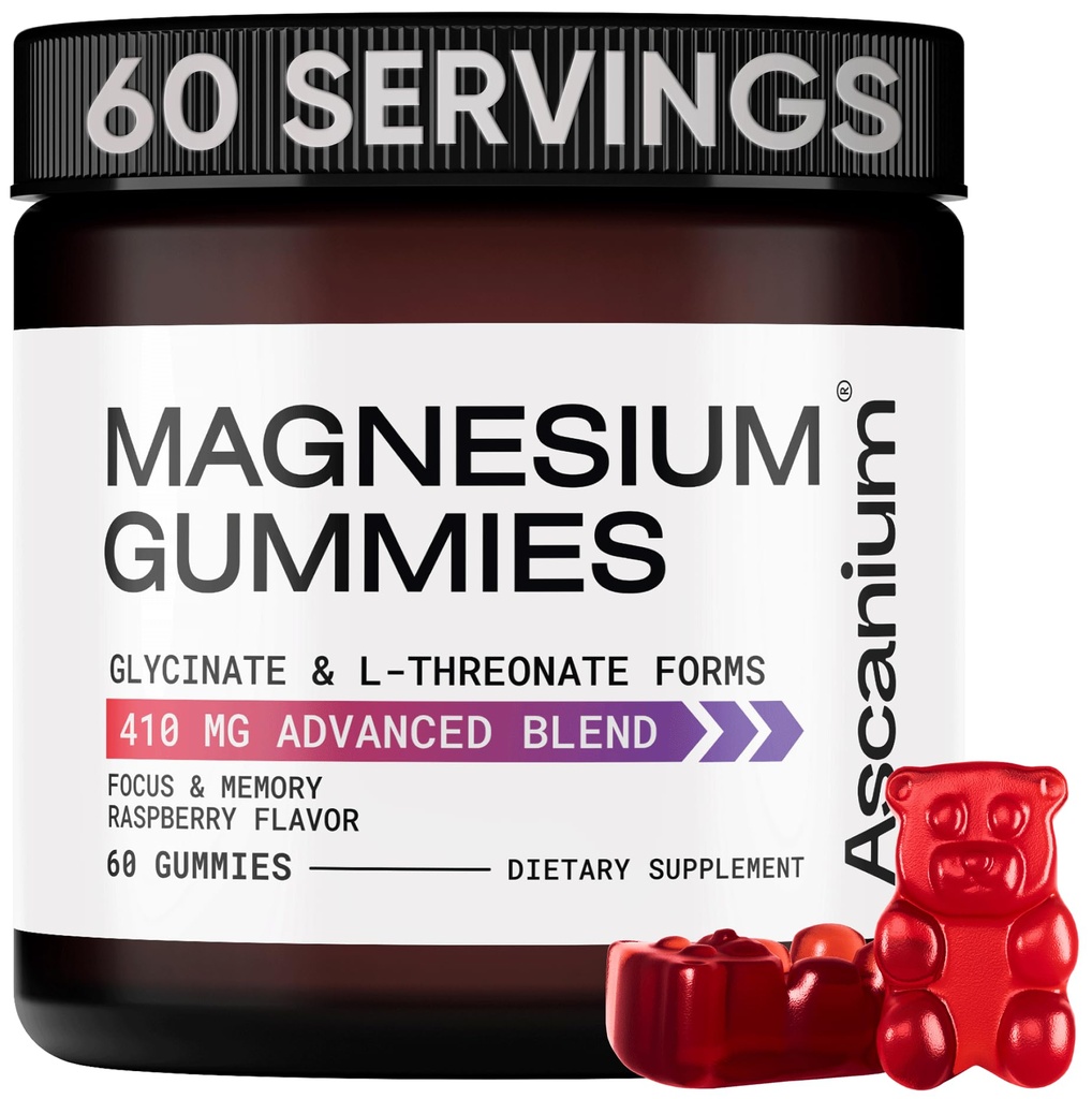 Magnésium Gommies - 410mg de Magnésium élémentaire Glycinate & L-Thréonate Complément complexe - Magnésium végétalien Glycinate Gommies pour calmer l'humeur, les muscles et le coeur Support - Magnésium à croquer Gommy 60 pcs