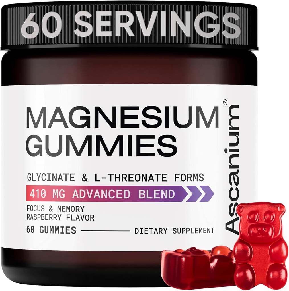 Magnésium Gommies - 410mg de Magnésium élémentaire Glycinate & L-Thréonate Complément complexe - Magnésium végétalien Glycinate Gommies pour calmer l'humeur, les muscles et le coeur Support - Magnésium à croquer Gommy 60 pcs