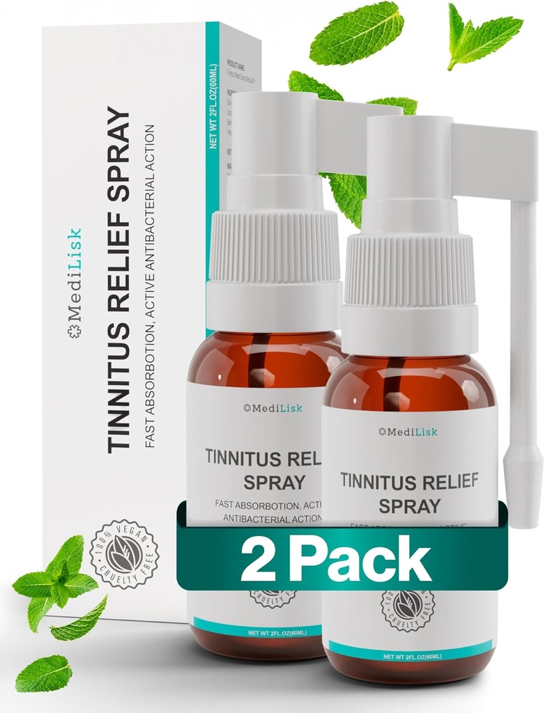 Médilisk Acouphène Relief Spray – Supporte le soulagement de l'acouphène pour les oreilles à sonnerie – Produits de soins de l'oreille à base de plantes – Traitements de l'acouphène Prévention – Non stéroïdal et hypoallergénique – 1 Fl Oz – Pack de 2