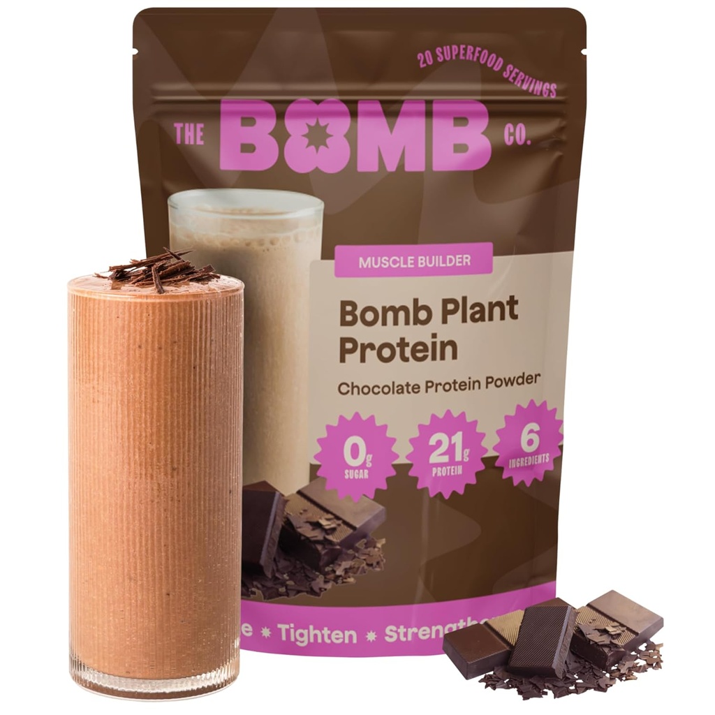 La Bomb Co. Protéines végétales, poudre de protéines avec 21g de protéines, acides aminés, sucre zéro, protéines de pois, cacao, graines de chia, graines de citrouille, vanille et fruits de moine, sans gluten, saveur de chocolat, 20 Srvgs