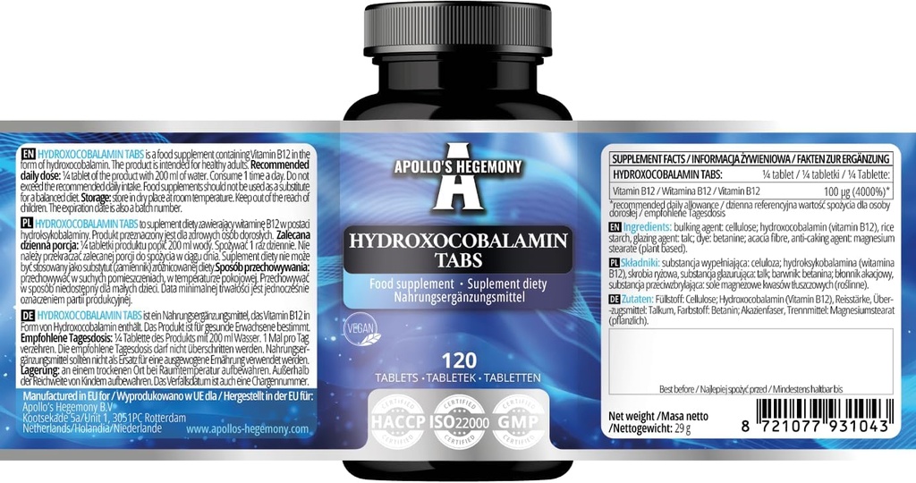 Hydroxocobalamine 100 μg par portion - Vitamine B12-120 Comprimés végétaliens - 480 portions - soutient le système nerveux et réduit la fatigue - supplément alimentaire par hégémonie d'Apollon