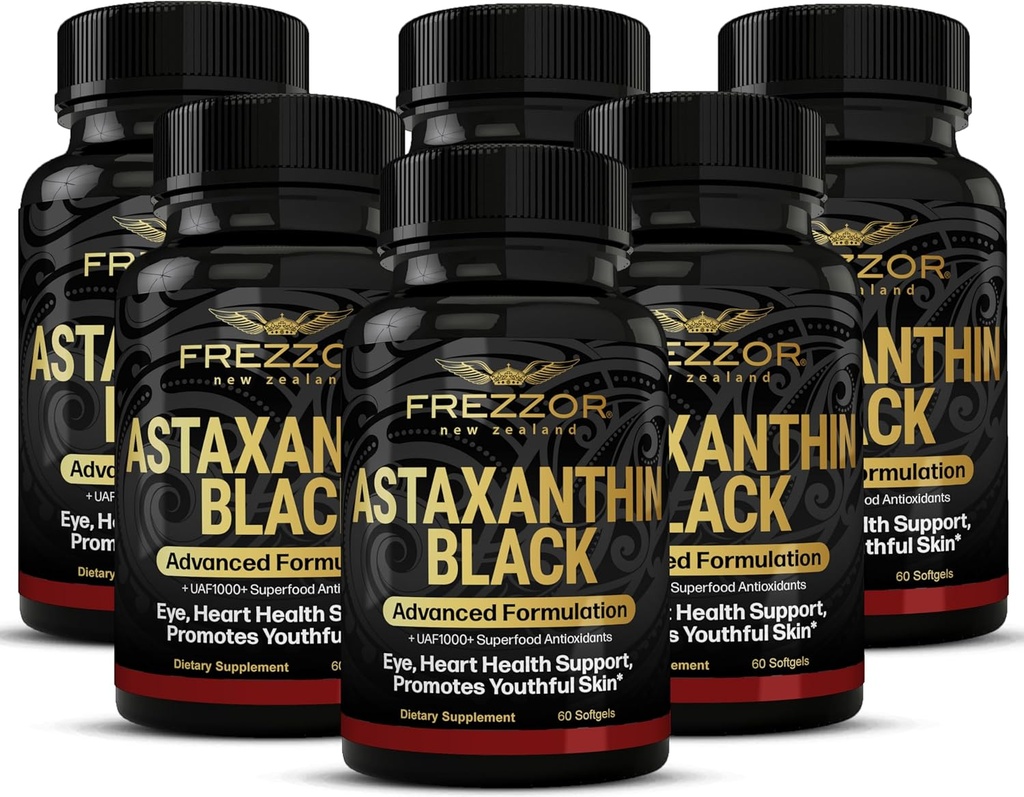 FREZZOR Astaxanthin Noir avec UAF1000+ Super Antioxydant, soutient la santé du coeur, des yeux et du cerveau, anti-âge soin de la peau et protection cellulaire, 12mg Astaxanthin par service, 360 Softgels, 6 mois d'approvisionnement