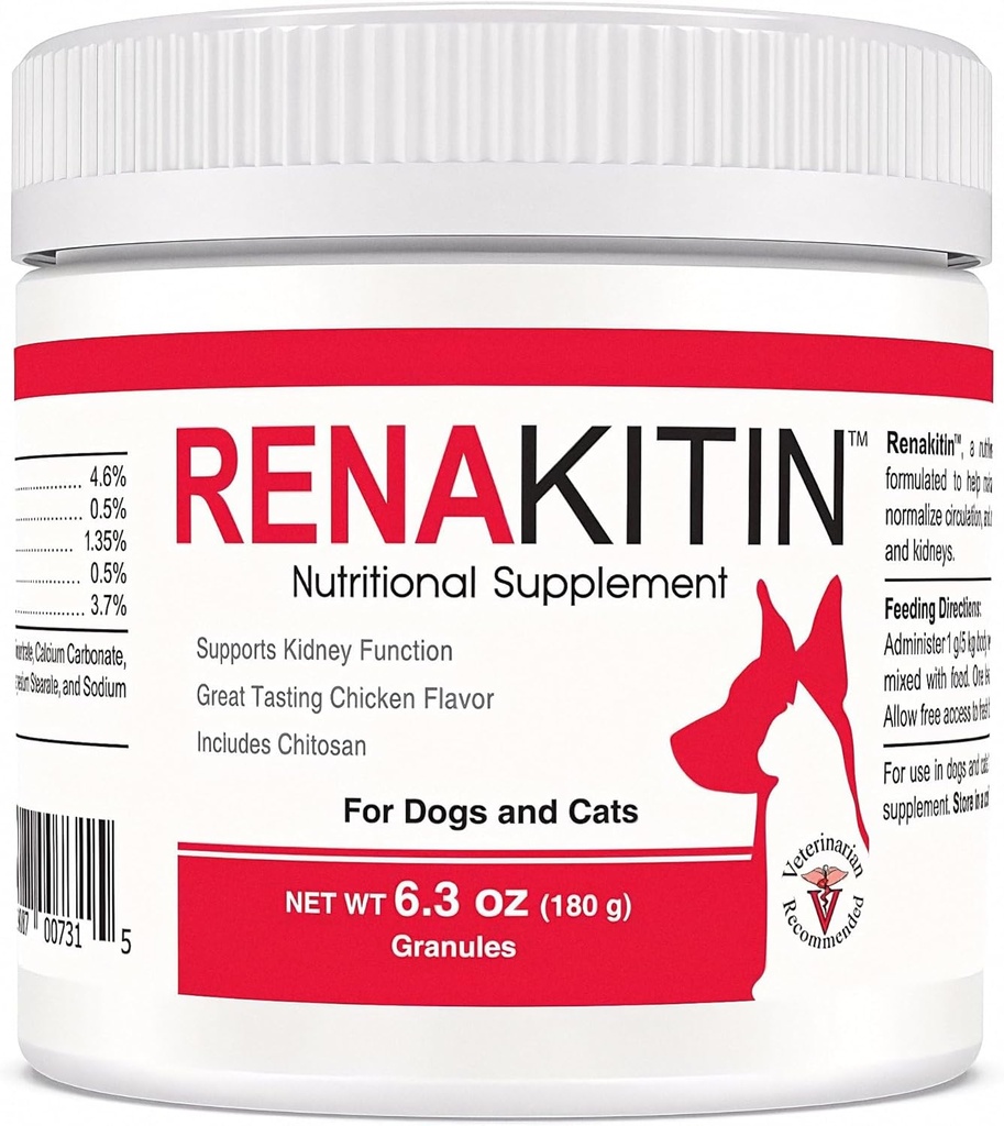Suppléments de rein Renakitin pour chiens Chats - Contient Chitosan & Calcium Carbonate, Soutien Fonction Rein Optimal, Grande Dégustation d'arôme de poulet, 6,3 oz