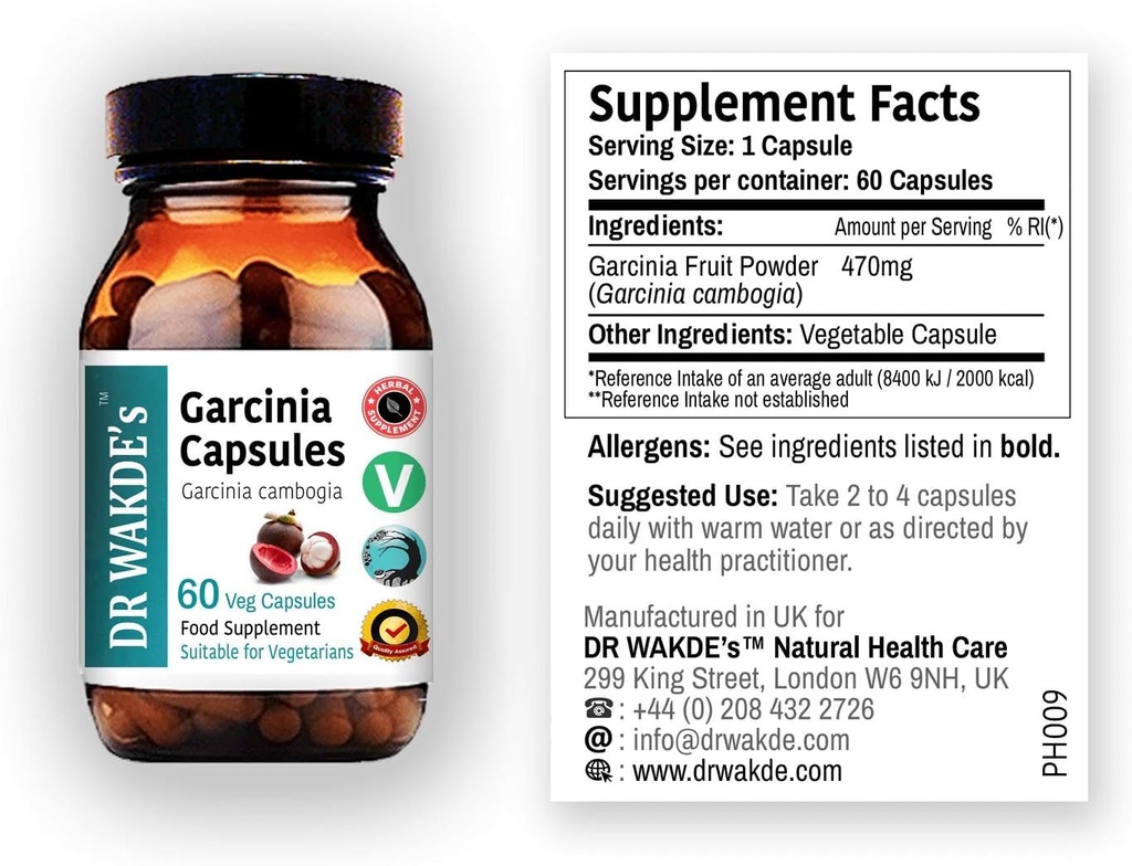 DR WAKDE'S Garcinia Capsules de fruits (Garcinia cambogia, 60 capsules de légumes, supplément à base de plantes, plante ayurvédique, tout naturel, végétalien)