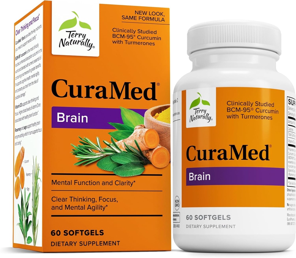 Terry naturellement CuraMed Cerveau - Supplément alimentaire pour soutenir la clarté et la concentration - Supplément santé cérébrale avec Curcumine et huile essentielle curcumine pour aider à la concentration - 60 Softgels