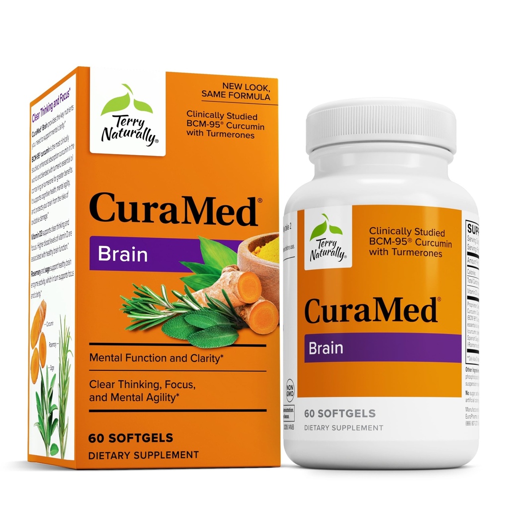 Terry naturellement CuraMed Cerveau - Supplément alimentaire pour soutenir la clarté et la concentration - Supplément santé cérébrale avec Curcumine et huile essentielle curcumine pour aider à la concentration - 60 Softgels