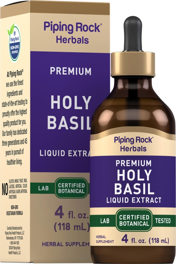 Piping Rock Holy Basil Liquid Extract | 4 Fl Oz | Tulsi Leaf Tincture | Vegetarian, Non-GMO, Gluten Free Supplement