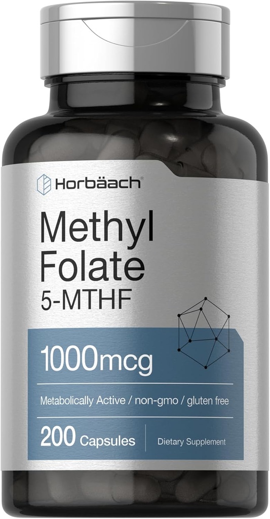Horbäach Methyl Folate Supplement | 1000 mcg | 200 Capsules | 5-MTHF | Folic Acid | Non-GMO, Gluten Free Methylfolate