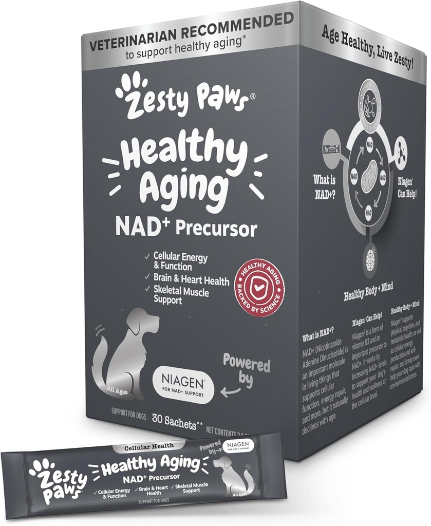 Zesty Paws NAD+ Precursor Supplement for Dogs - Niagen for Healthy Aging & Skeletal Muscle Support & Recovery - Soutien de l'énergie cérébrale, cardiaque et cellulaire - Chlorure riboside de Nicotinamide – 30 sachets