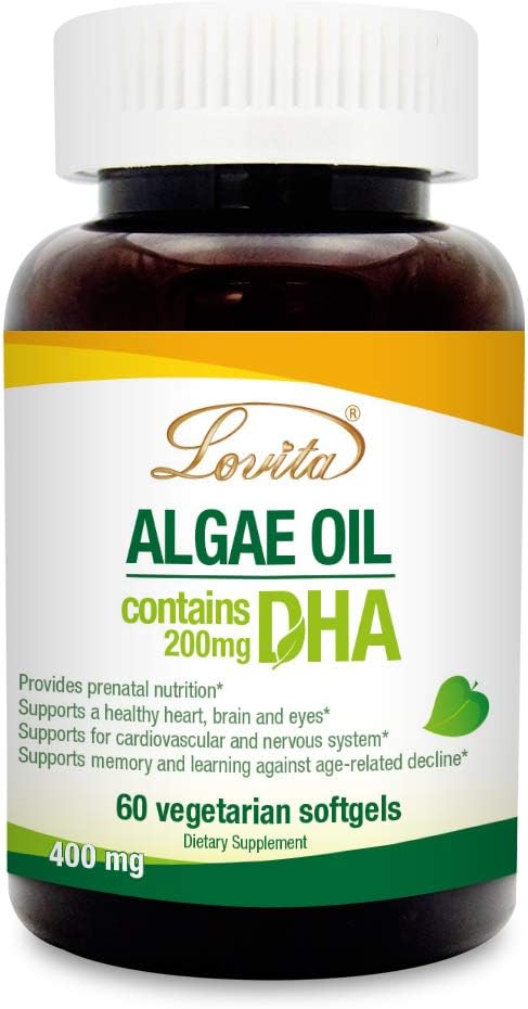 Lovita Algae Oil, DHA végétale alternative à l'huile de poisson, Oméga végétal 3 avec DHA 200 mg, 60 softgels végétariens