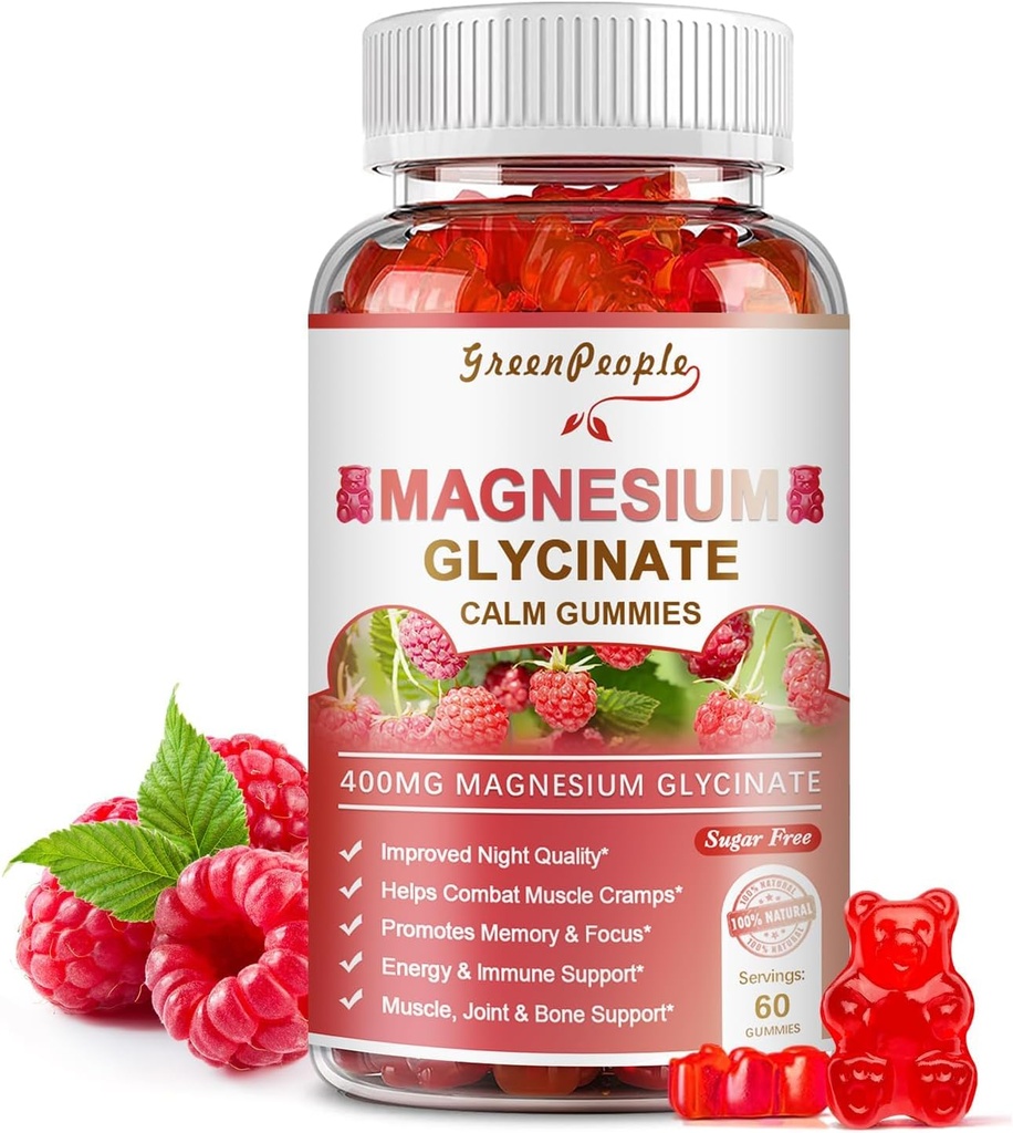 GREENPEOPLE Glycinate de magnésium 400mg - Supplément de potassium de magnésium sans sucre avec le malate de magnésium, vitamine D, B6 et CoQ10 pour le soutien et le sommeil calme pour les adultes - Gummées de framboises