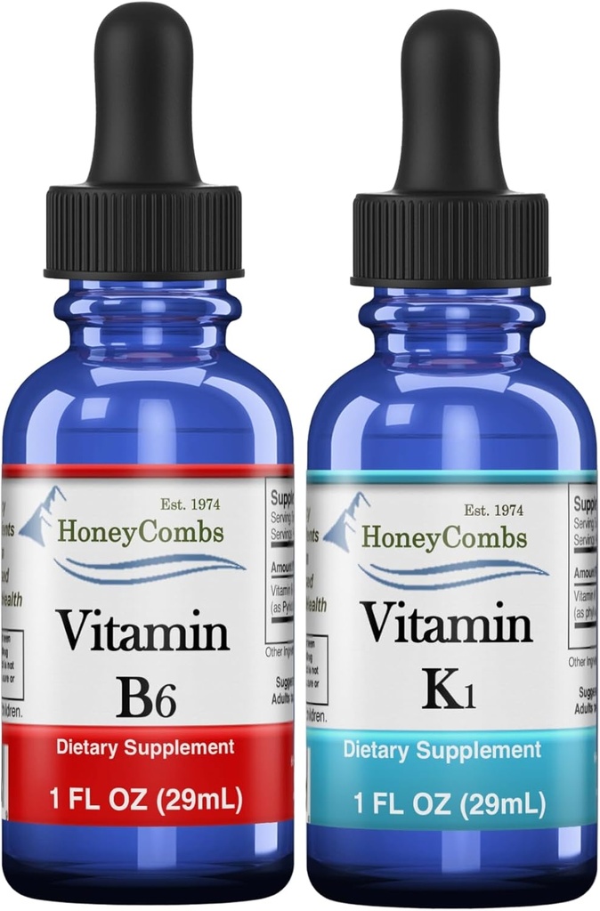 HoneyCombs Vitamine B6 & K1 gouttes – Pyridoxine liquide et extraits de vitamine K pour végétalien, favorise la santé globale, extrait liquide de vitamine non OGM, 1 fl oz chaque