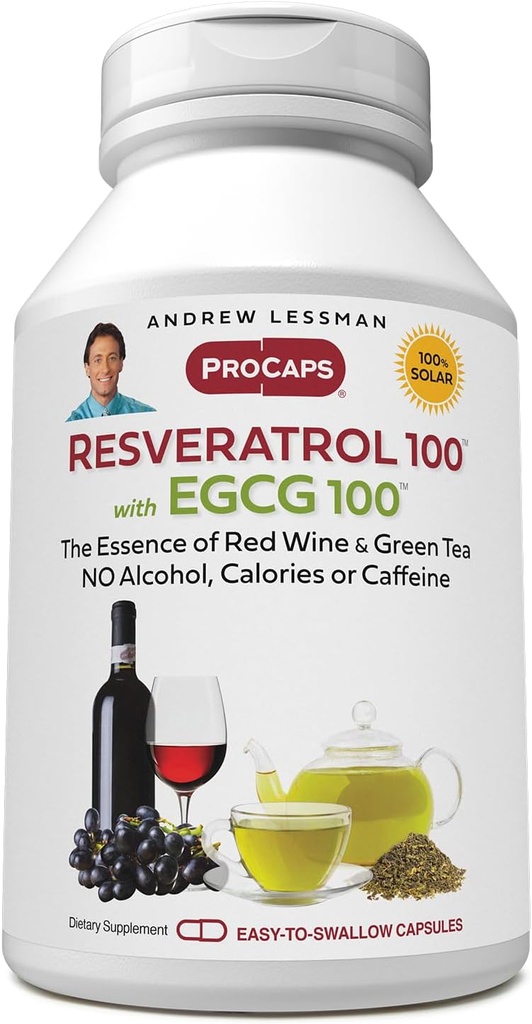 ANDREW LESSMAN Resveratrol-100 EGCG 100mg - 180 Capsules - Deux antioxydants naturels, sans alcool ou caféine.