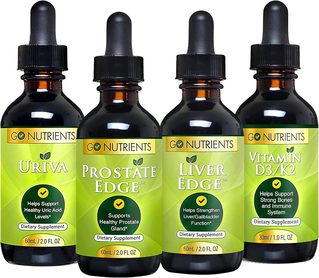 Go Nutrients pour la santé des hommes - Vitamine D3/K2, Liver Edge, Prostate Edge, Uriva – Un soutien complet pour la santé des os, du foie, de la prostate et de l'acide Urique – stimule l'énergie, la vitalité et la défense du corps