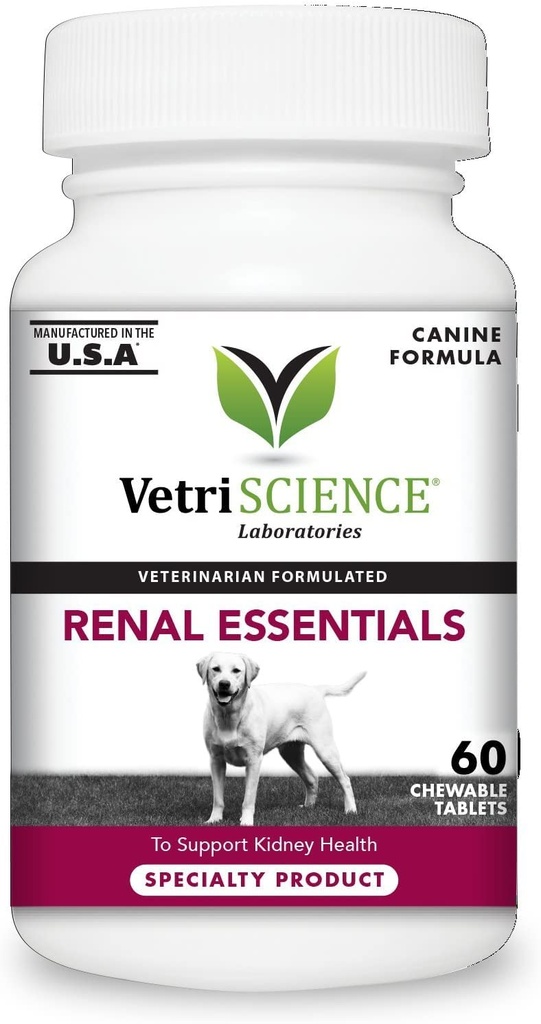 VetriScience Rein Health Comprimés à croquer, Supplément d'essentiels rénaux pour chiens, soutien au piège urinaire et au rein avec champignons, racines d'Astragalus, graines et herbes, fumée, compte 60
