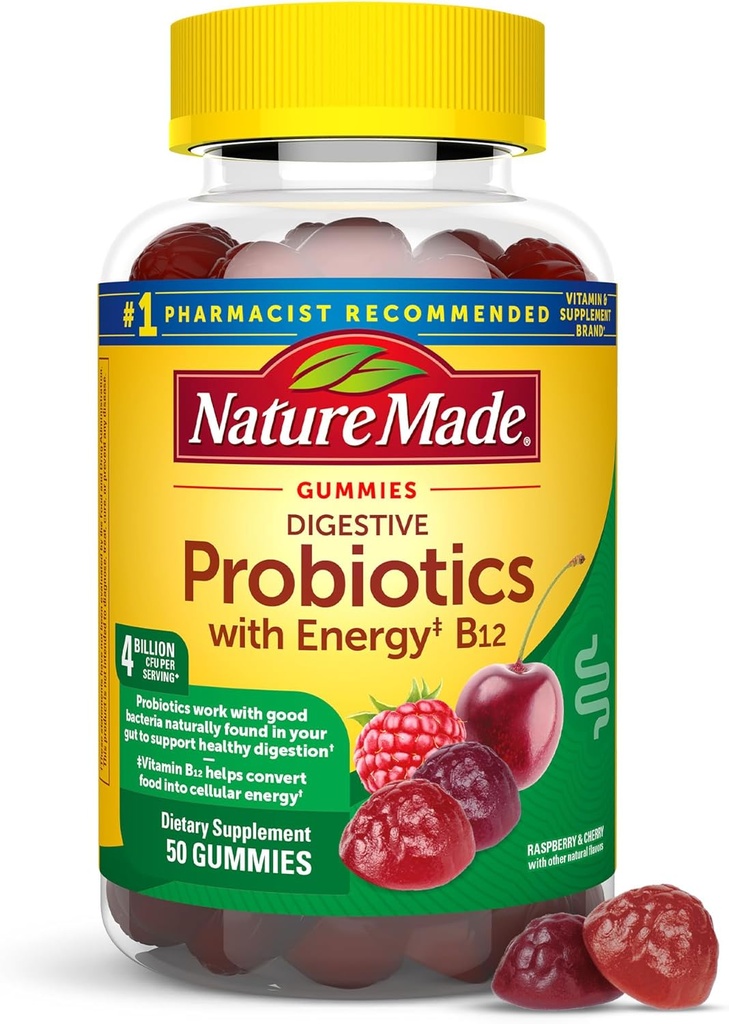 Probiotiques digestifs naturels et énergie B12 Gummies, probiotiques pour les femmes et les hommes, 50 Gummies probiotiques, 25 jours d'approvisionnement