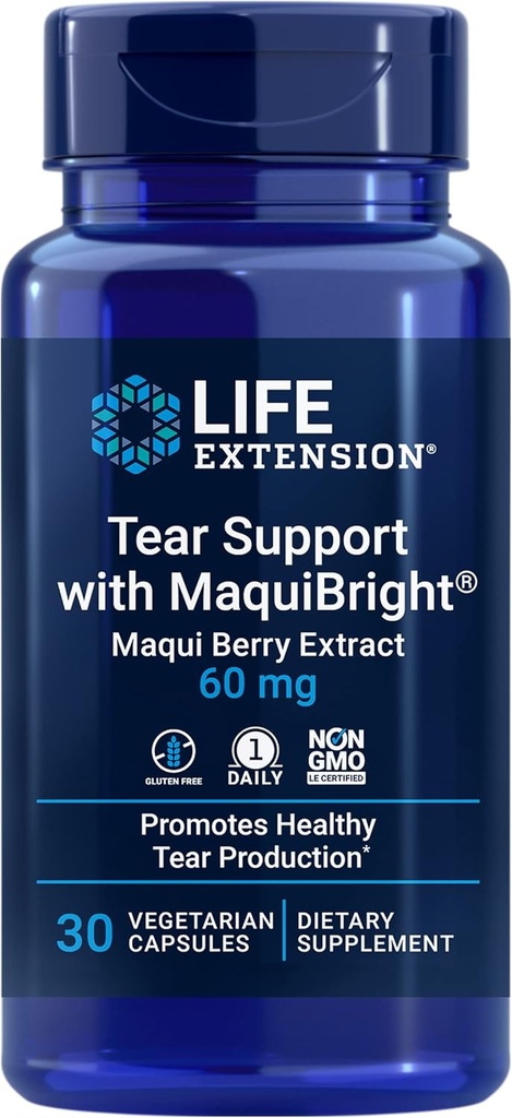 Support pour prolonger la durée de vie avec MaquiBright®, 60 mg, extrait de baie de Maqui pour les yeux secs, soutient la santé des yeux, encourage la production de la tear, sans gluten, sans OGM, 1 jour, végétarien, 30 capsules