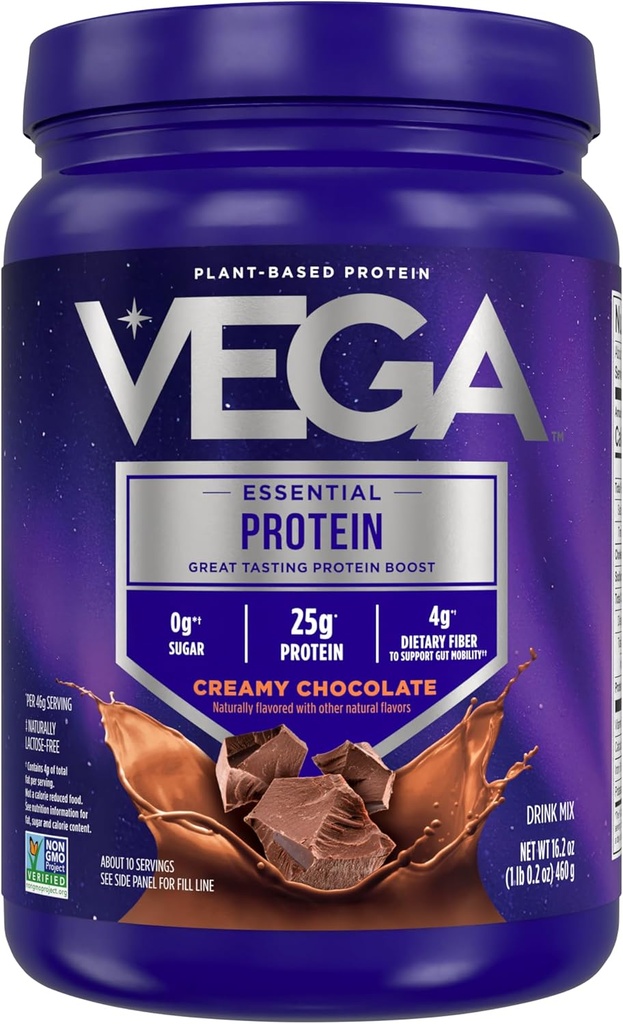 Protéines essentielles originales de Vega - 25g Protéines végétales, Chocolat crémeux, 10 portions, Mélange végétalien de boissons non-OGM, Smoothie et Shake Ready, sans gluten, sans lait, 16.2oz (paquetage mai Vary)