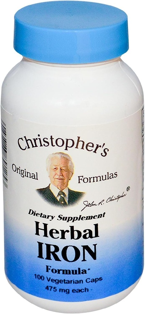 Formules originales de Christopher Formule de fer à base de plantes, soutien en fer naturel, 450 mg, 100 capsules végétariennes