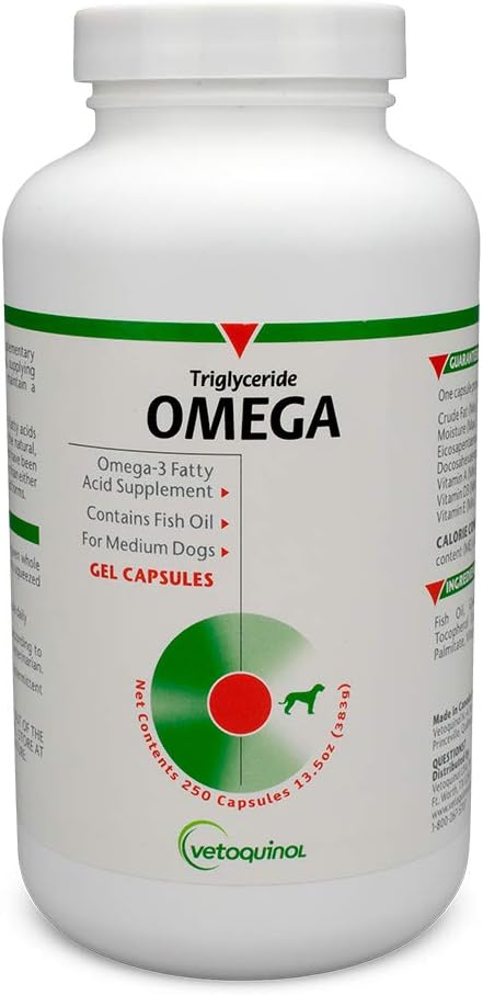 Vétoquinol Triglycéride Omega Dog Complément Capsules, de taille moyenne: 30-60 lbs, 250ct