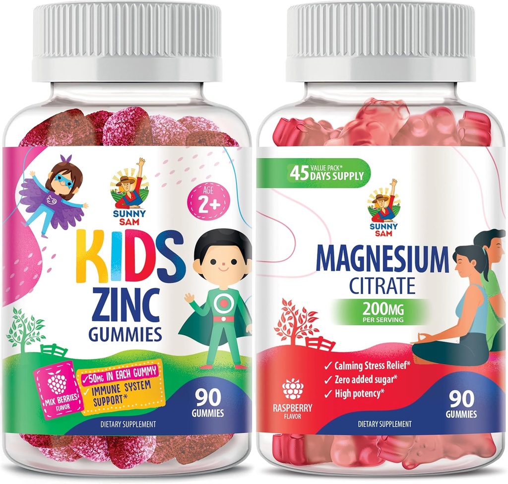 Gommies de magnésium pour adultes et Gommies de zinc pour enfants et adultes. 200mg - Calme Magnésium Chews - Magnésium Citrate Supplément à croquer pour le soutien de l'humeur et des muscles. Zinc Gummy à croquer pour le support immunitaire -