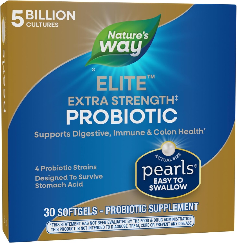 Nature's Way Elite Extra Strength Perles probiotiques pour les hommes et les femmes, soutient la santé digestive, immunitaire, colon*, 5 milliards de cultures vivantes, pas de réfrigération nécessaire, 30 softgels