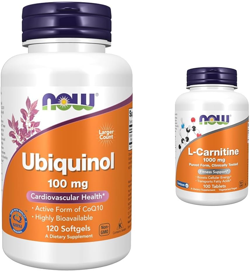 MAINTENANT Suppléments, Ubiquinol 100 mg, haute biodisponibilité (la forme active de CoQ10), 120 Softgels et suppléments, L-Carnitine 1000 mg, forme pure, acide amino, soutien de la condition physique*, 100 comprimés