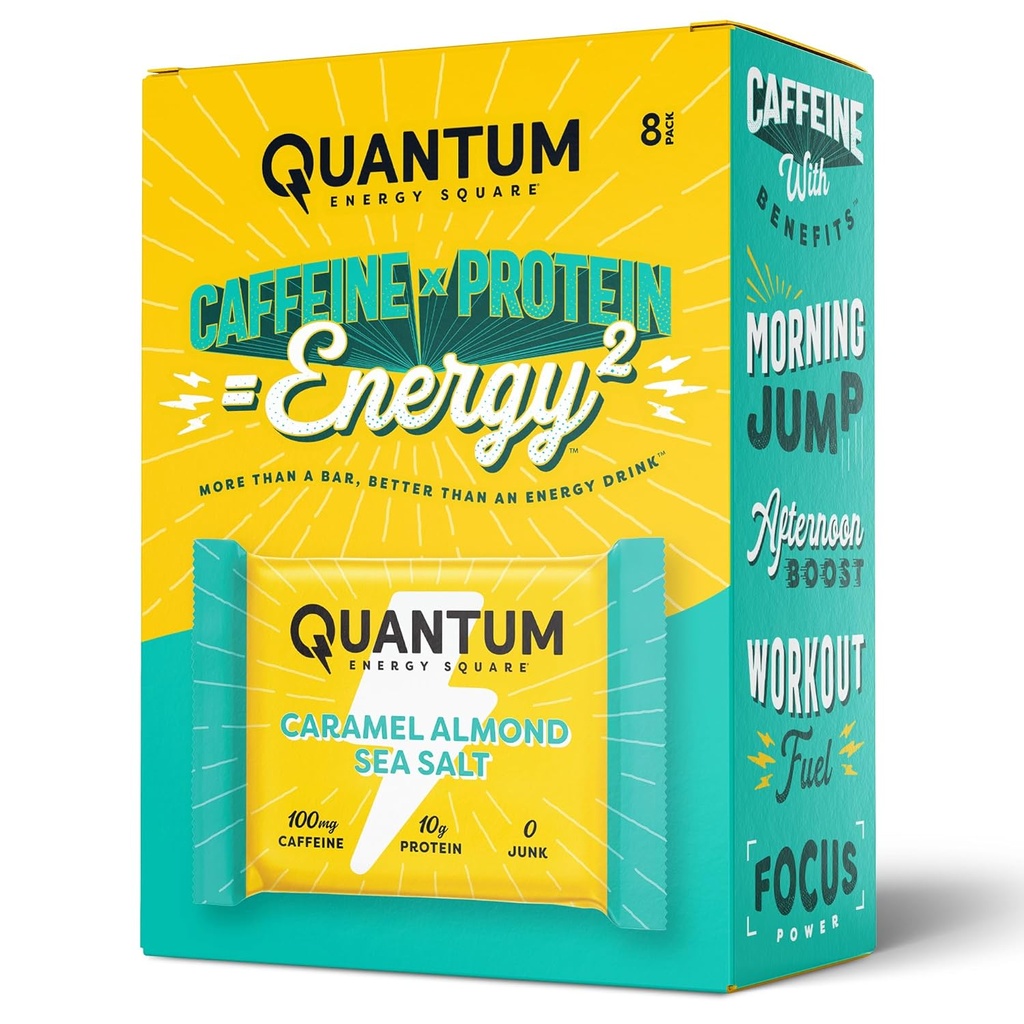 Quantum Energy Square: Barre d'énergie avec caféine et 10g de protéines. Delicious Healthy Snack On The Go. (Vegan, sans gluten, sans soja, sans produits laitiers) (Caramel Almond Sea Salt)